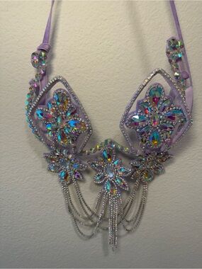 Lavender Crystal Floral Statement Necklace with Iridescent Rhinestones